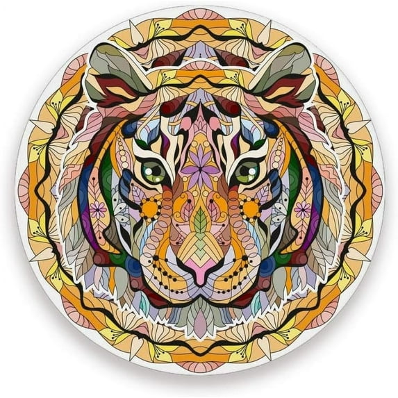 Printed Round Tiger Head with Mandala Ceramic Coasters with Cork-Backed for Coffee Drink Cup Mat Absorbent Stone Coaster Set of 1/2/4