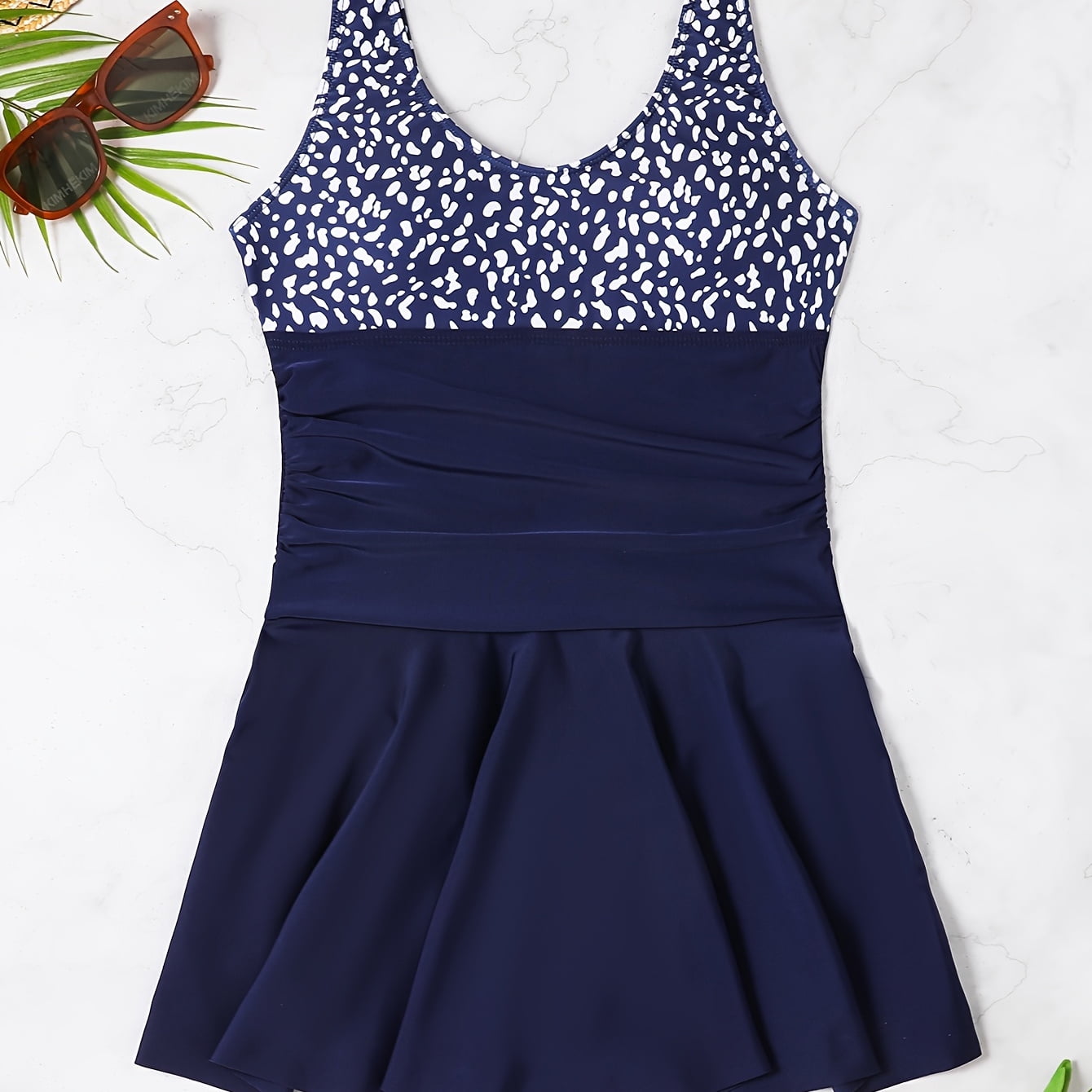 Printed Ruched Onepiece Swimsuit, Tummy Control Stretchy Swim Dress