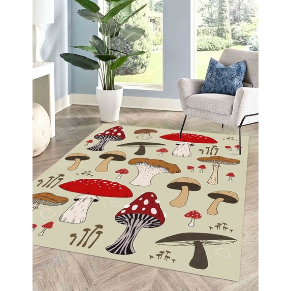 Printed Rug, Printed Rug, Thick Rug, Salon Decor Rug, Anti-Slip Carpet, Mushroom Rug, Red Rug, Modern Rug, Office Rug, Dining Room Rug, 3.3'x5' - 100x150 cm