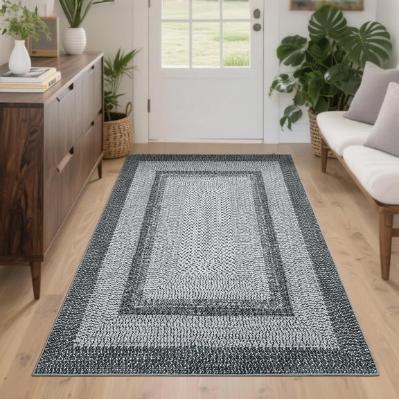 Printed Rugs with Braided Pattern on it, Washable Rug 4x6 Entryway Rug Non Slip Living Room Area Rug Soft Non Shedding Low Pile Stain Resistant Carpet for Kitchen Bedroom Nursery