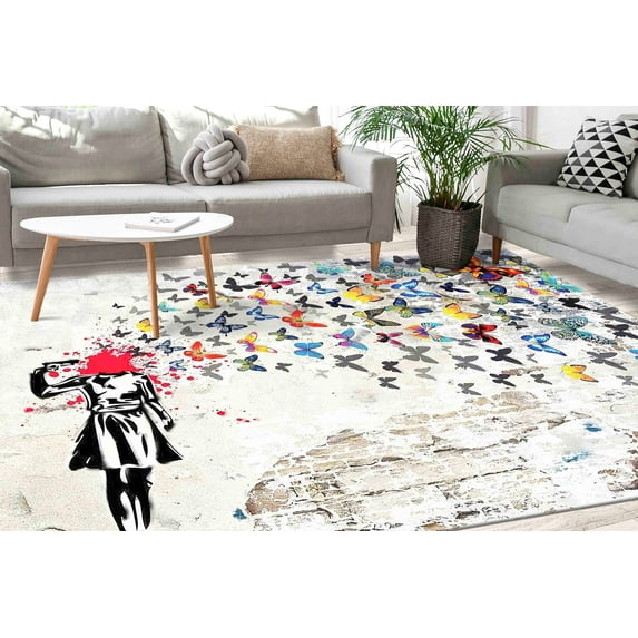 Printed Rugs, Runner Rugs, Graffiti Rug, Banksy Butterfly Rug, Graffiti Rug, Banksy Rug, Soft Rugs, Kitchen Rug, Floor Rug, Front Door Rug, 5.9'x9.2' - 180x280 cm