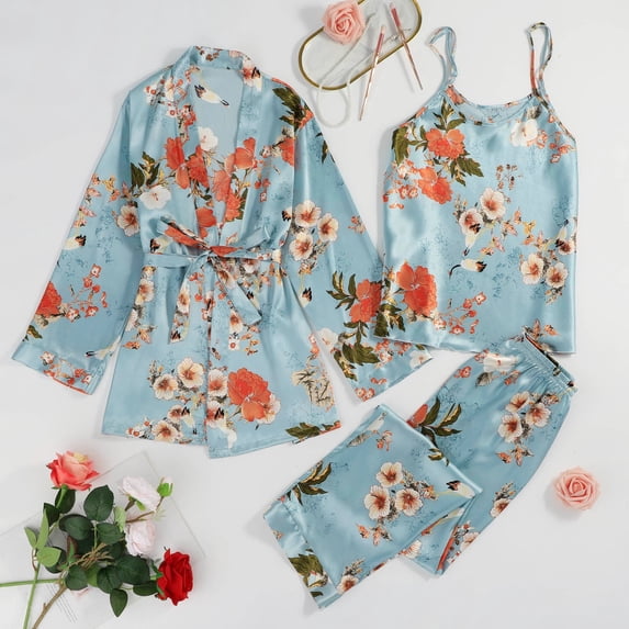 Printed Satin Camisole Vest Pants Three Piece Loungewear Set Lingerie for Women Green L