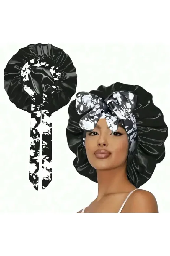 Printed Satin Sleeping Bonnet for Women – Adjustable Elastic Hair Cap for Nighttime, Soft & Breathable Polyester Sleep Hat