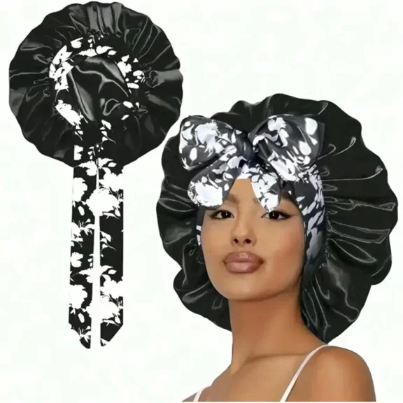 Printed Satin Sleeping Bonnet for Women – Adjustable Elastic Hair Cap for Nighttime, Soft & Breathable Polyester Sleep Hat
