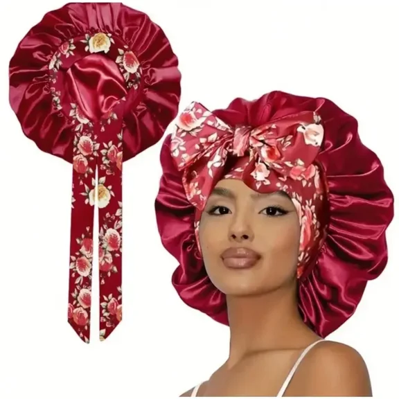 Printed Satin Sleeping Bonnet for Women – Adjustable Elastic Hair Cap for Nighttime, Soft & Breathable Polyester Sleep Hat