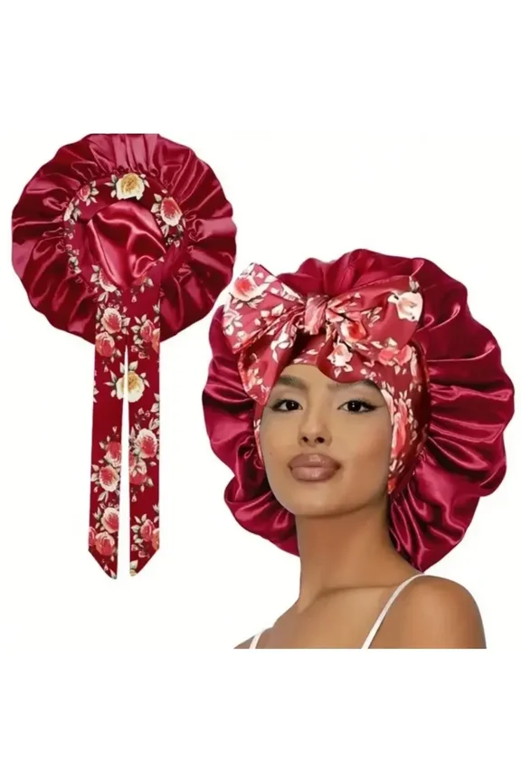 Printed Satin Sleeping Bonnet for Women – Adjustable Elastic Hair Cap for Nighttime, Soft & Breathable Polyester Sleep Hat