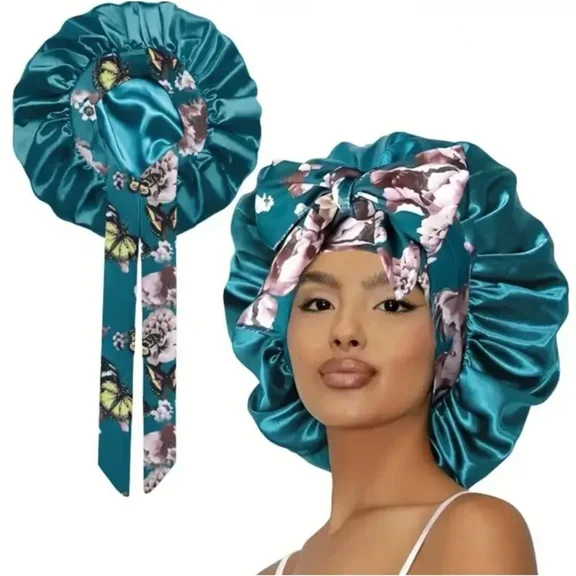 Printed Satin Sleeping Bonnet for Women – Adjustable Elastic Hair Cap for Nighttime, Soft & Breathable Polyester Sleep Hat