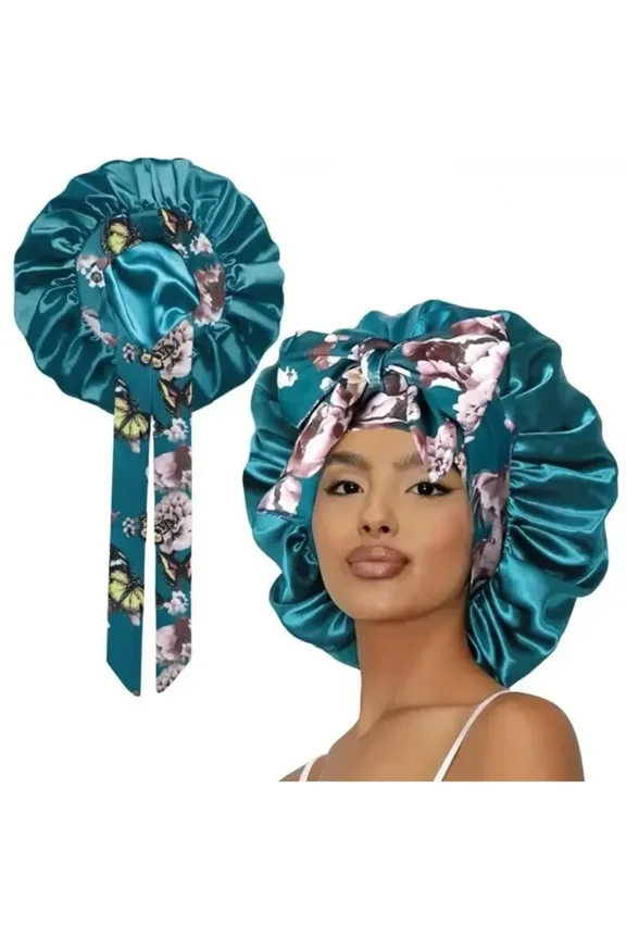 Printed Satin Sleeping Bonnet for Women – Adjustable Elastic Hair Cap for Nighttime, Soft & Breathable Polyester Sleep Hat