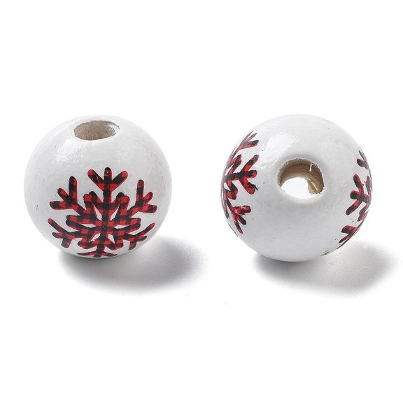 Printed Schima Wood European Beads Round with Snowflake Pattern FireBrick 15.5x14.5mm Hole: 4.5mm