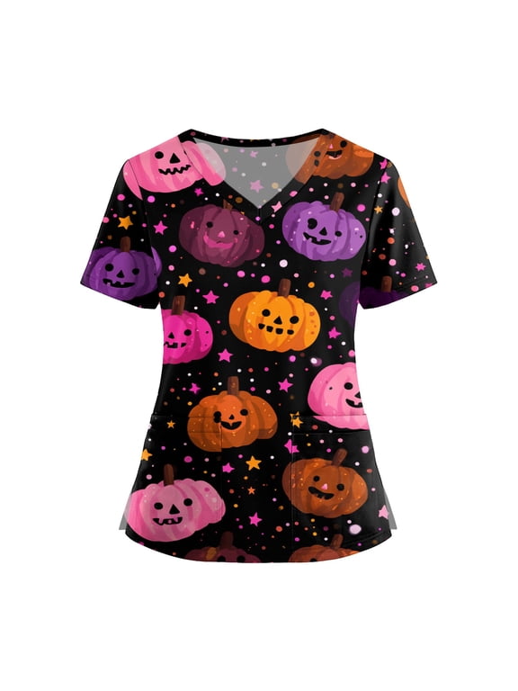 Printed Scrub Tops Women,Halloween Scrub Tops Plus Size Cute Pumpkin-Headed Bat Printed Short Sleeve V-Neck Nurse Care Worker Uniform Scrub Top,Light pink,L
