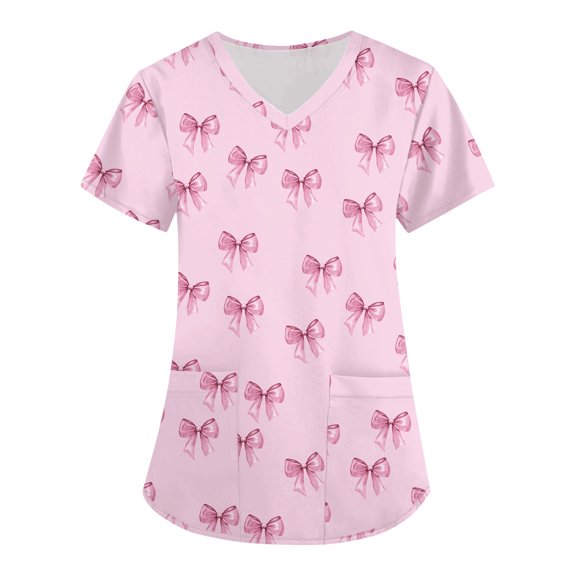 Printed Scrub Tops Women, Medical Uniforms with Dual Pockets Short Sleeve V-Neck Top Bow Print Healthcare Workwear Christmas Nurse Work Apparel Nightmare Before Red 4Xl