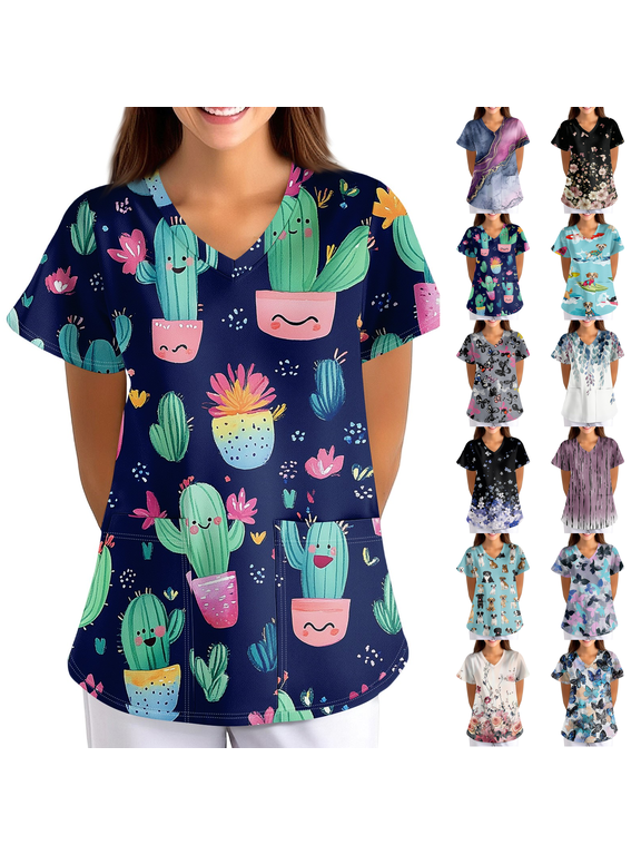 Printed Scrub Tops Women Plus Size Scrubs Stretchy Nursing Pediatric Uniforms Shirts with Pockets Navy 3XL