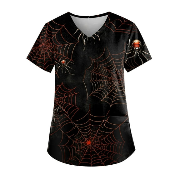 Printed Scrub Tops Women Scrubs for Women V Neck Printed Scrub Tops Soft Knit Nurse Uniform Shirts 01-Black L