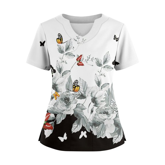 Printed Scrub Tops Women, Summer Floral Blouse Women Loose Fit Plus Size V-Neck T-Shirt 2025 Trendy Print Lightweight Polyester Casual Top Classic Short Sleeve with 2 Pockets White Xxl