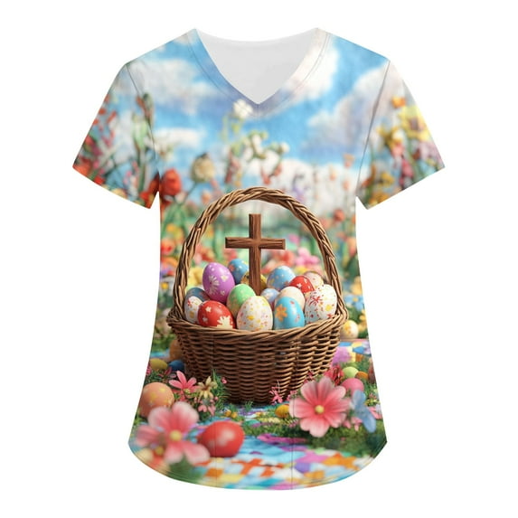 Printed Scrubs For Women,Easter Scrub Tops Women Bunny Egg Hunt Print Scrubs Short Sleeve Holiday Working Uniform with Pockets,Sky Blue,XXL