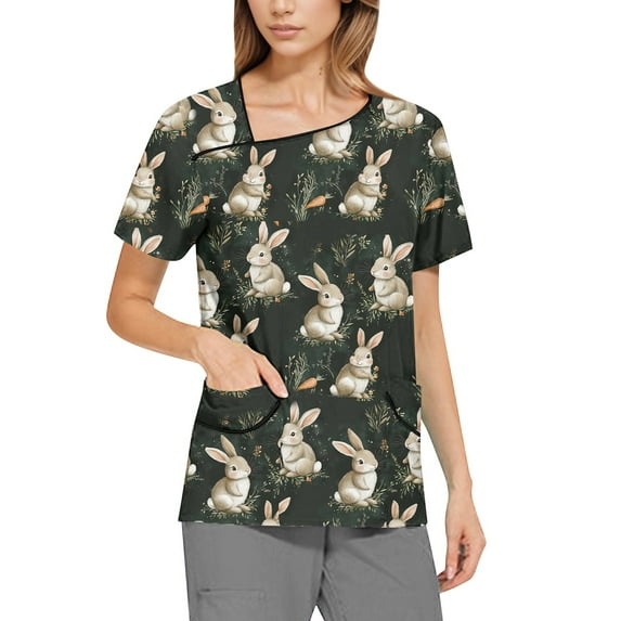 Printed Scrubs For Women,Scrubs for Women Trendy Easter Printing Plus Size Scrubs Tops Casual V Neck Short Sleeve Uniform with Pocket,Black,XL