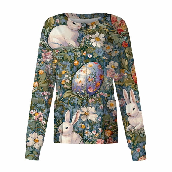 Printed Scrubs For Women,Women's Casual Long-Sleeve Single-Breasted Easter Print Nursing Scrub Top with Pocket,Dark Green,XXL