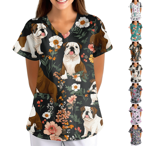 Printed Scrubs for Women Nurse Vet Pediatric with Design Fit Plus Size Scrub Tops 2026 Spring Summer Scrub Shirts Coffee 4XL