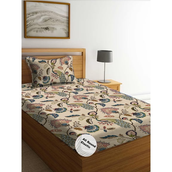 Printed Single Bedsheet With 1 Large Pillow Cove | Size 50 X 75 Inches, Beige - 300 Thread Count Cotton Feel All Around Elastic Fitted Bedsheet | Breathable & Wrinkle Free