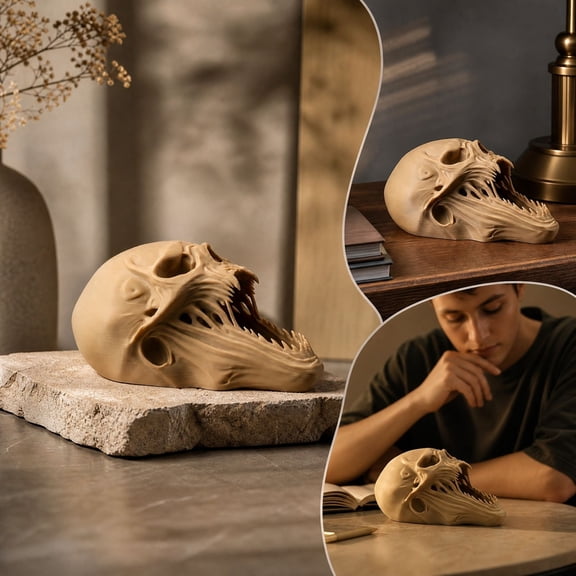 Printed Skull Statue, Horror Fanged Alien Skull Figurine, Gothic Desktop Ornament For Halloween, Shelf, Table, Desk, Ghost House, Bedroom And Seasonal Home Decoration