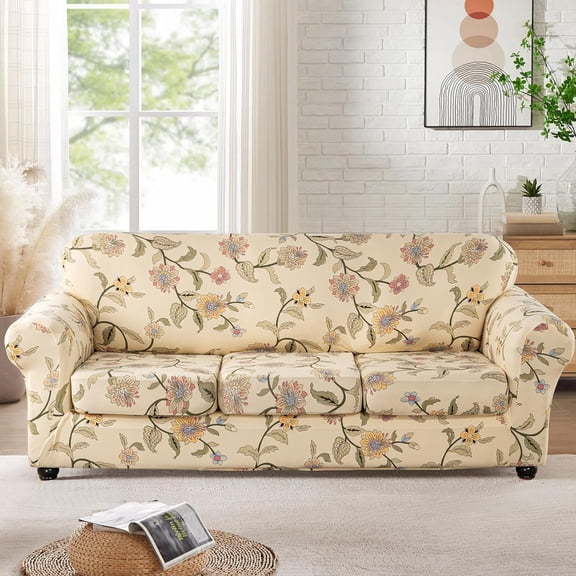 Printed Sofa Cover for 3 Cushion Couch High Stretch Sofa Slipcovers 4 Piece Sofa Slipcover with Three Separate Cushion Covers Elastic Bottom Floral Pattern (Blooming Flower, Sofa)