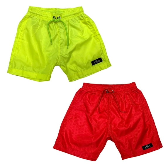 Printed, Solid & Fluorescent Colored Quick Dry Swim Shorts for Boys and Girls, Swim Trunks, Bathing Suits, Swimwear, Swim Shorts for Kids – 2pc – Green/Red, 3-4T