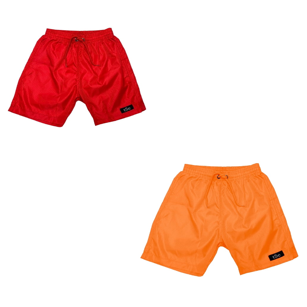 Printed, Solid & Fluorescent Colored Quick Dry Swim Shorts for Boys and Girls, Swim Trunks, Bathing Suits, Swimwear, Swim Shorts for Kids – 2pc – Red/Orange, 7-8T