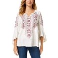 thumbnail image 1 of Printed Split-Neck Angel-Sleeve Top Wine Ivory S, 1 of 1