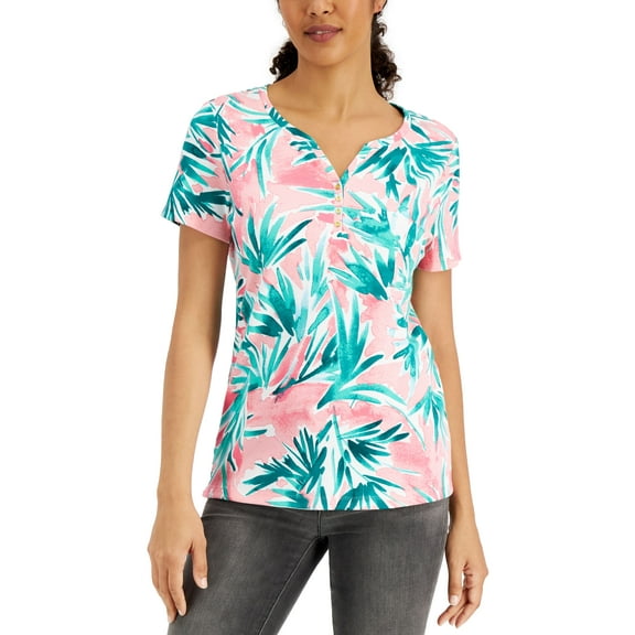 Printed Split-Neck Top Steel Rose XS