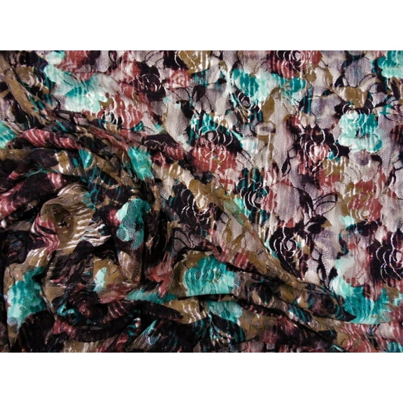 Printed Stretch Lace Apparel Fabric Sheer Floral Black Teal Turquoise Brown BB17