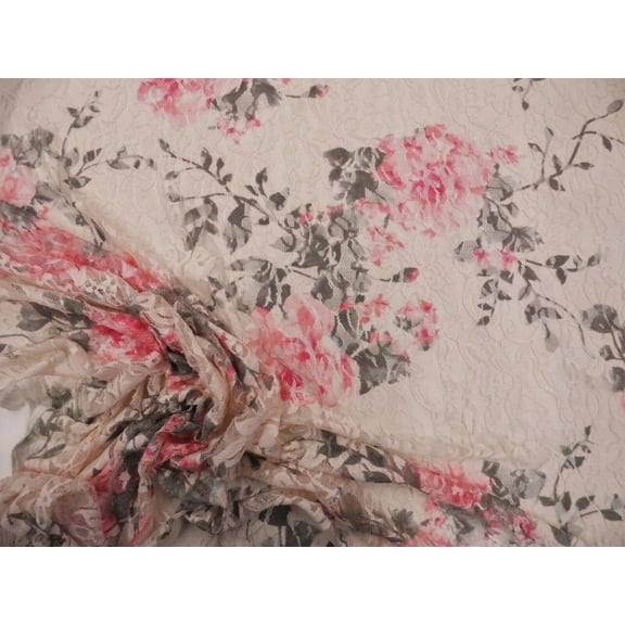 Printed Stretch Lace Apparel Fabric Sheer Floral Pink Peach Gray Tan BB14