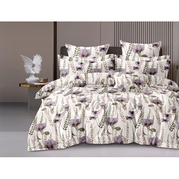 Printed Super King Size Double Bedsheet With Two Pillow Covers - 108 X 108 Inches, Cream & Purple | Smooth To Touch, Breathable & Long Lasting - Ideal For Everyday Comfort