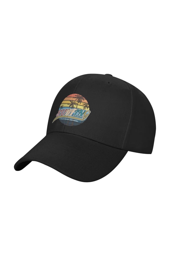 Printed Surfing Sunset Palm Tree Baseball Cap Adjustable Stylish Athletic Dad Hat Trucker Hats for Men Women Girl Youth Unisex Adult Snapback Cap,Black