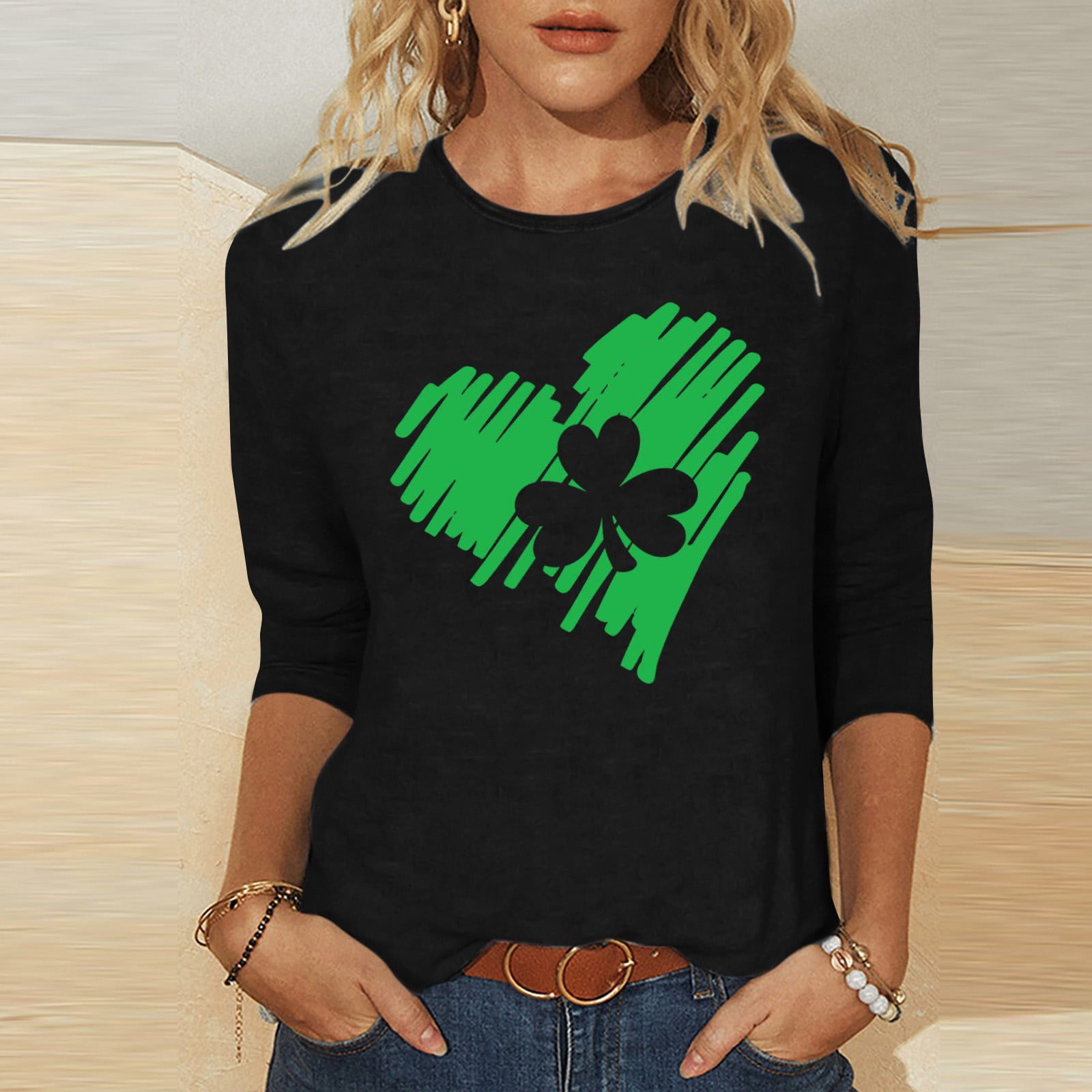 Printed T-Shirt 3/4 Sleeves Blouse Crew Neck Leisure Birthday, Clothes, Home, Womens Clothing Discounts, Discounted Ladies Clothes, Especiales de Walmart en Ropa de Mujeres