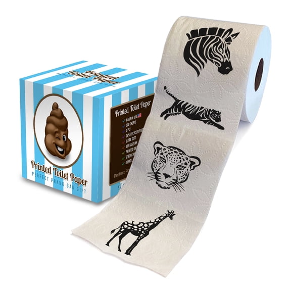 Printed TP Animal Pattern 2 Ply Toilet Paper Bathroom Tissue - Novelty Wildlife Bath Tissue Roll - Funny Toilet Paper for Home Decor, Potty Gag Gifts, Prank and Hilarious White Elephant - 500 Sheets