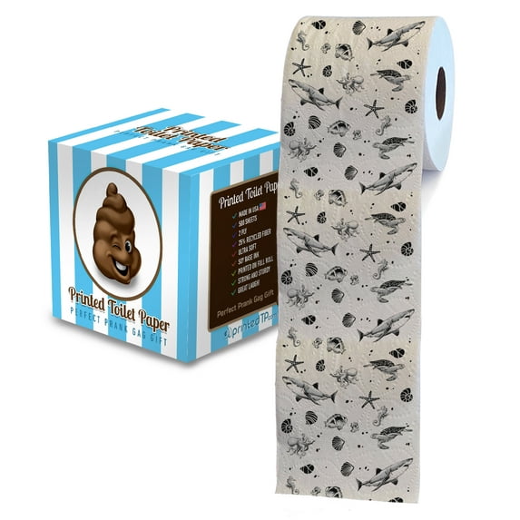 Printed TP Ocean Life 2 Ply Toilet Paper Bathroom Tissue - Novelty Beach Pattern Bath Tissue Roll - Funny Toilet Paper for Home Decor, Potty Gag Gifts, Prank and Hilarious White Elephant - 500 Sheets