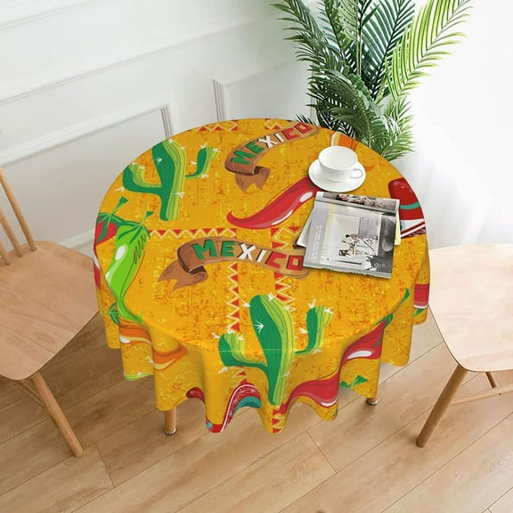 Printed Table Cloth Round Tablecloths 60 Inch Water Resistant Spill Proof Washable Polyester Tablecloth Mexican Pattern with Cactus hat chill Decorative Table Cover for Dining Table, Parties,Kitchen