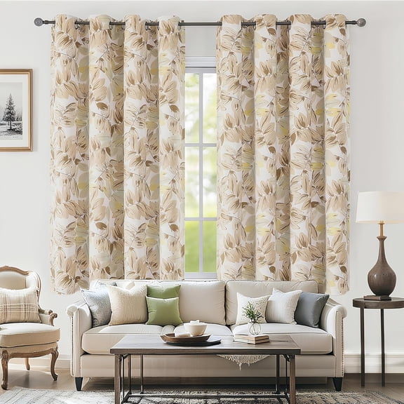Printed Tan Blackout Curtains for Bedroom -Khaki Beige Yellow Leaves Patterned Curtains Thermal Insulated Vintage Grommet Curtain Drapes for Living Room Windows 53"W x 84"L (Pack of 2)