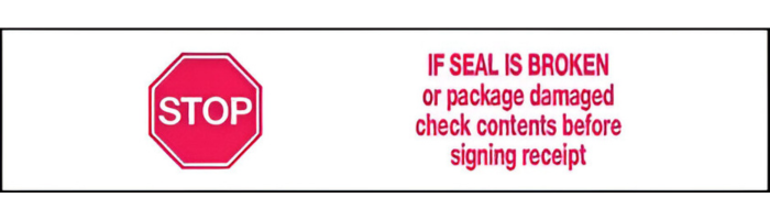 Printed Tape "Stop if Seal is Broken" 2"W x 330' - Case of 36 Rolls
