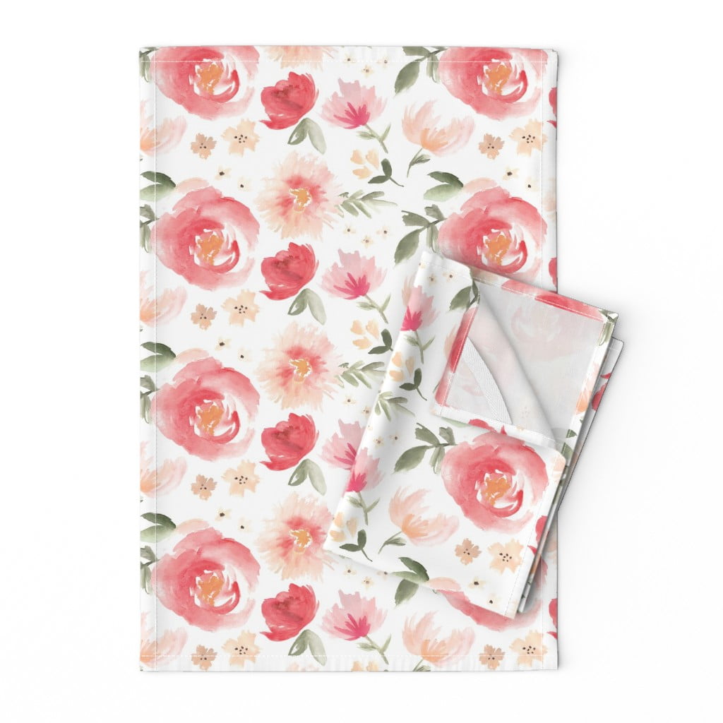 Printed Tea Towel, Linen Cotton Canvas Coral, Flower, Peony, Garden