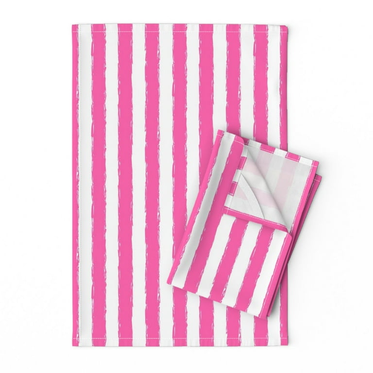Printed Tea Towel Linen Cotton Canvas Hot Pink Stripes Bright Stripe Watercolor Summer Feminine Lipstick Print Decorative Kitchen Towel by