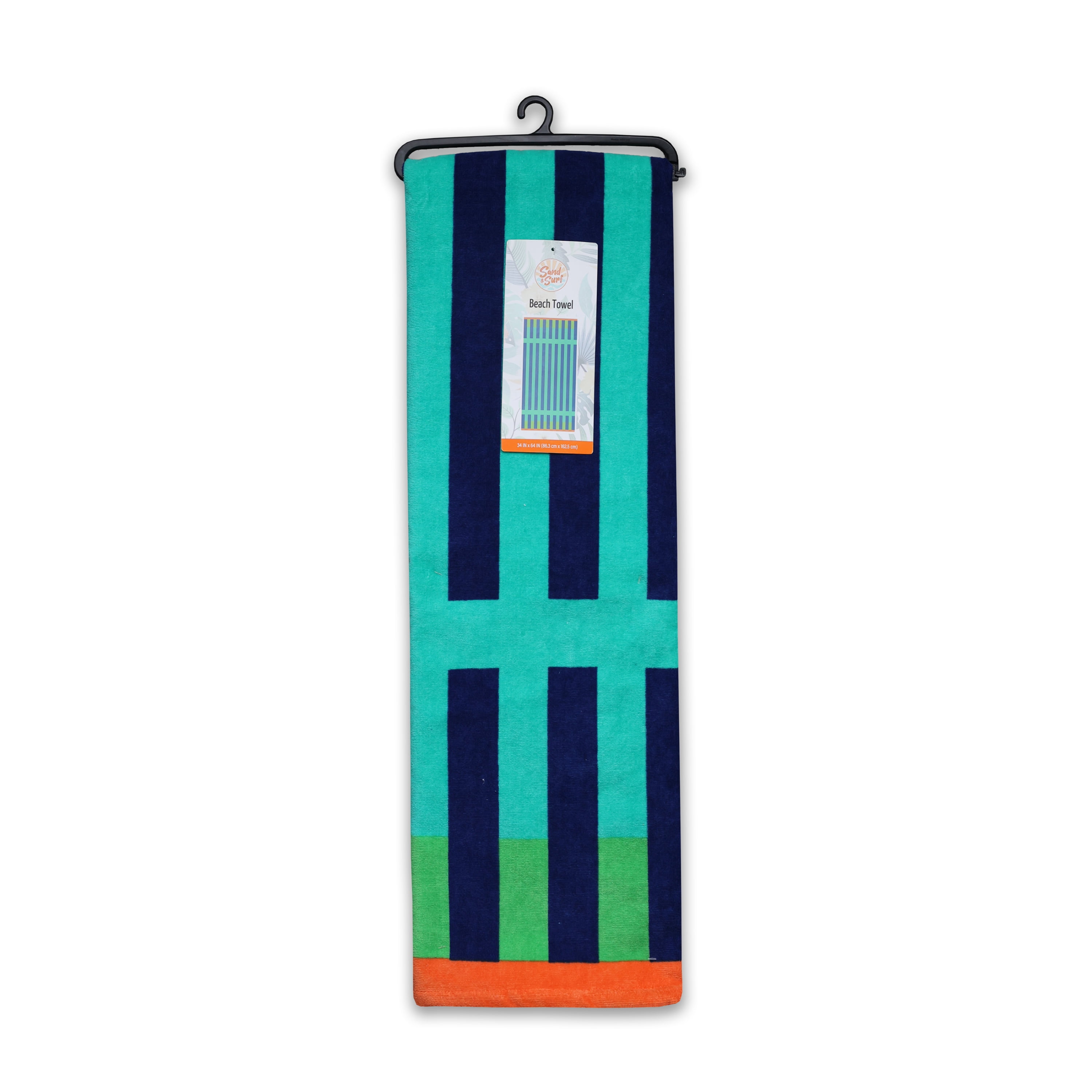 Oversized Teal and Navy Stripe Beach Towel, Soft Cotton, 34 x 64 Inches