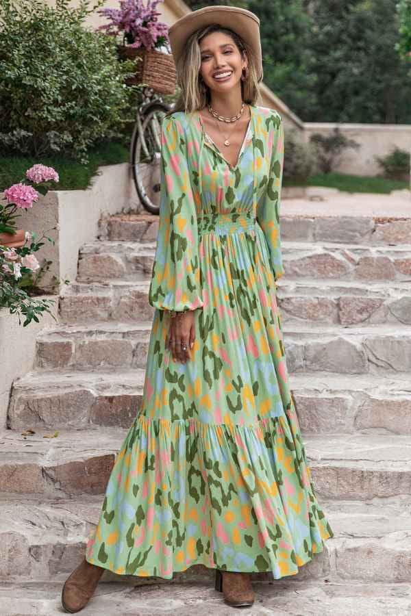 Tie Front Round Neck Long Sleeve Maxi Dress