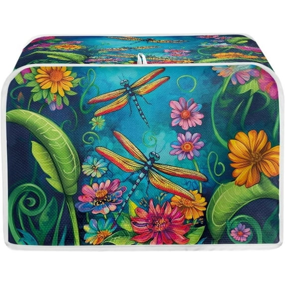 Printed Toaster Cover for 4 Slice Long Slot, Floral Bread Maker Washable Dust Protection Kitchen Small Appliance Cover with Top Hook