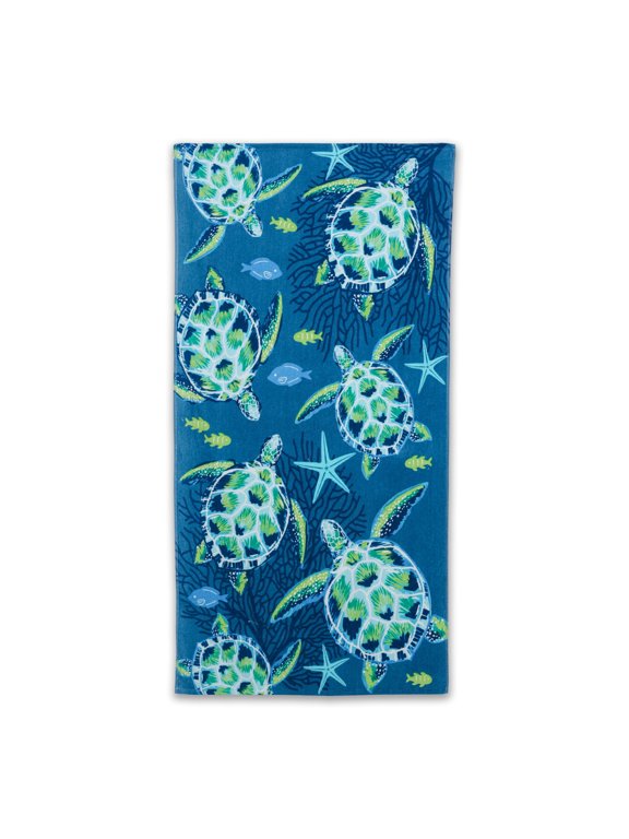 Printed Turtle Toss Beach Towel, Soft Absorbent Cotton, 30 x 60 Inches, Oeko-Tex Certified