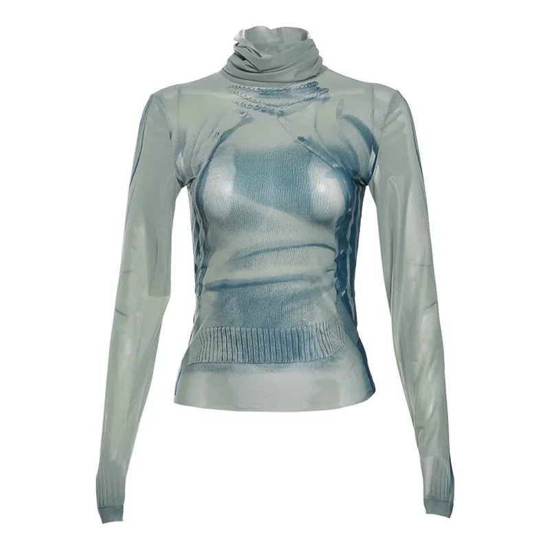 Printed Turtleneck Y2k  For Women Clothes Long Sleeve Aesthetic T Shirts Autumn  De Mujer Slim Roupas Femininas Estilosas