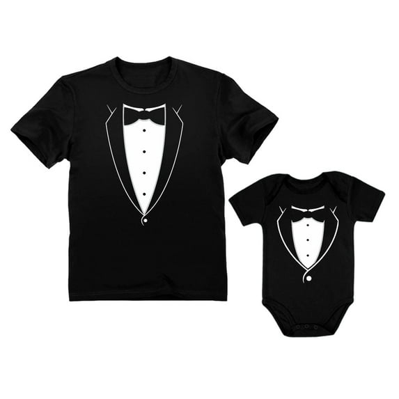 Printed Tuxedo With Bow-Tie Suit Father & Son Tux Men's T-shirt & Baby bodysuit Dad Black Small / Son Black 12M (6-12M)