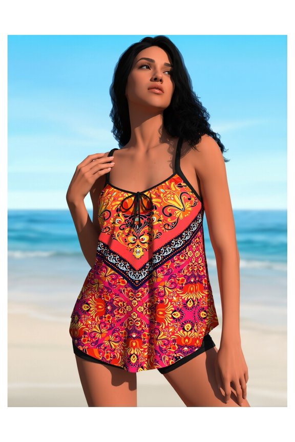 Printed Two Piece Tankini Swimsuit for Women - Modest Bathing Suits with Shorts - UPF 50+ Sun Protection - Quick Dry Swimwear for Beach, Pool, Vacation