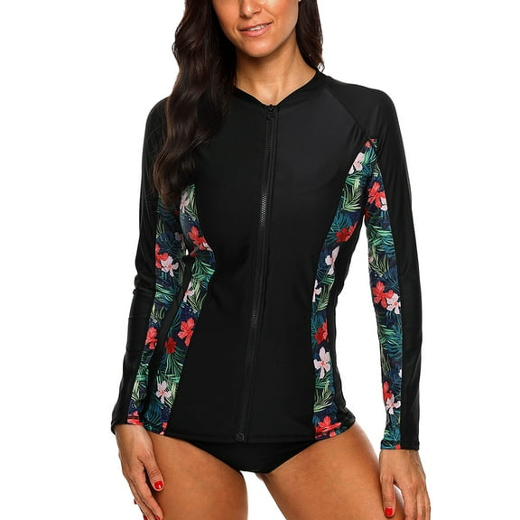 Printed UPF 50+ Full Zipper Swimwear Rash Guard For Women Long Sleeve Swimsuit Shirt Tops