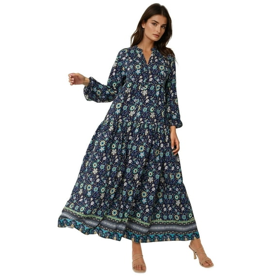 Printed V-Neck Maxi Dress with Buttons